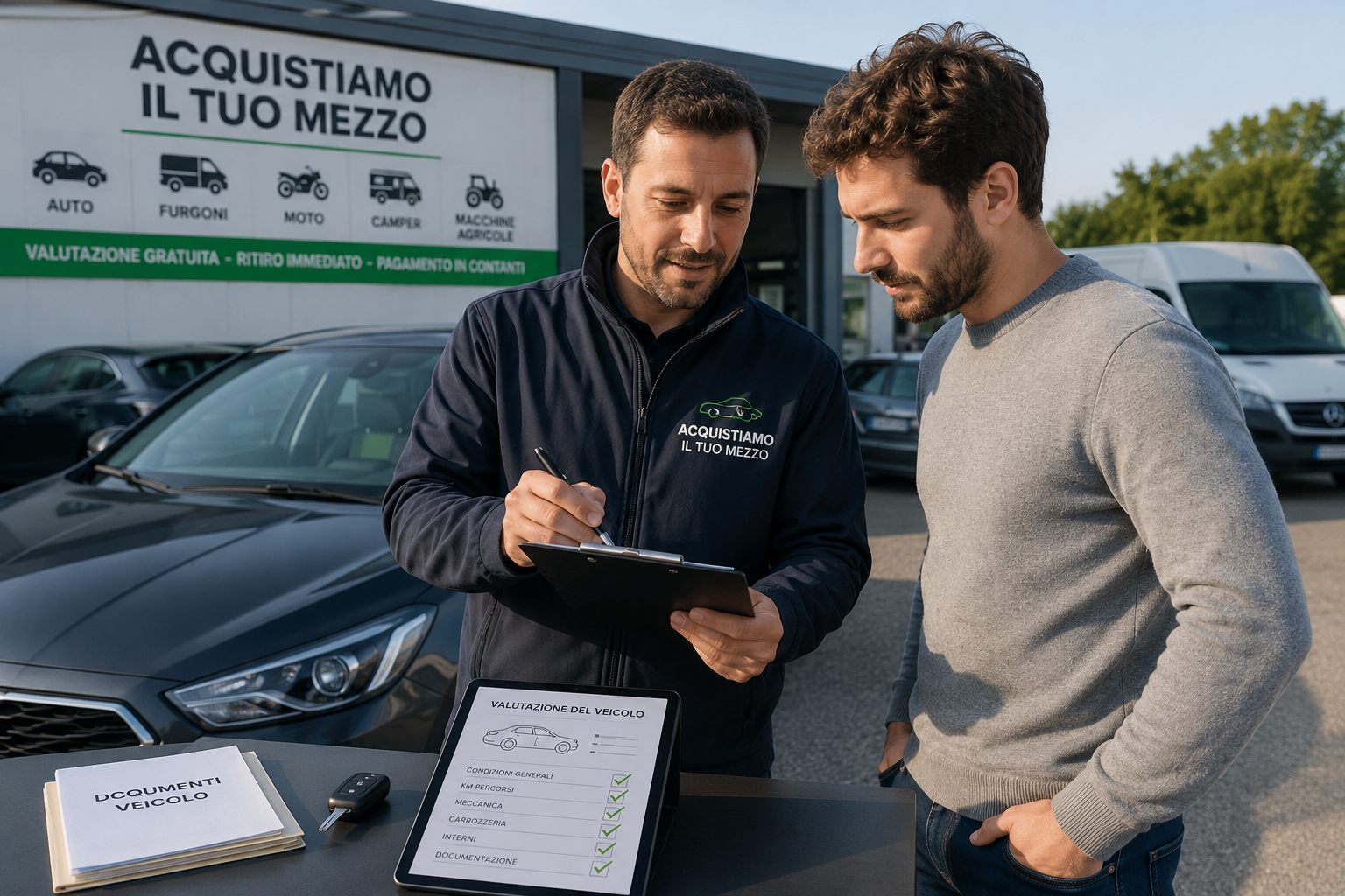 Alex, titolare di Vibe Auto Alex, durante la valutazione di un veicolo